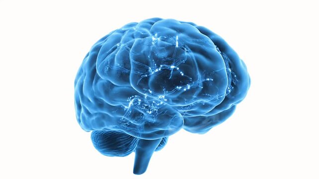 Digital Blue Brain Model Spinning on White Background Holographic Style Visualization for Medical Education and
