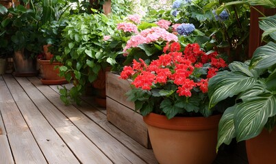 Obraz premium terrace garden, vibrant and well cared. Bright red impatiens in full bloom, red and coral begonias, pink and blue hydrangeas in large terracotta pots