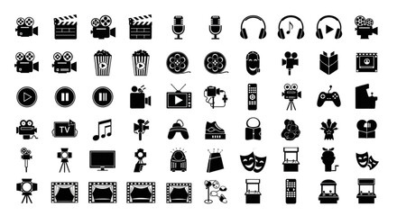 Fototapeta na wymiar Black and white entertainment and media silhouettes arranged in vector rows