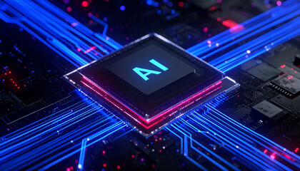 artificial intelligence chip driving machine learning and complex data processing on a futuristic circuit board conceptualizing digital transformation.