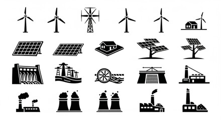 Fototapeta premium Black and white renewable energy silhouettes arranged in vector rows