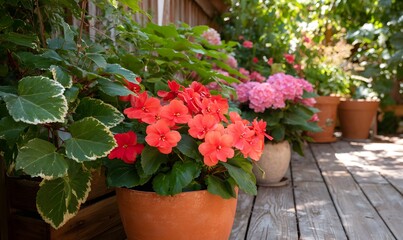 terrace garden, vibrant and well cared. Bright red impatiens in full bloom, red and coral begonias, pink and blue hydrangeas in large terracotta pots