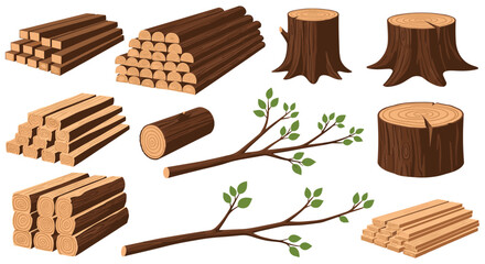 Versatile set of illustrations showing various types of wood logs, tree stumps, timber planks, and green branches for construction or nature themes.