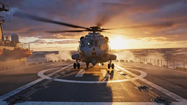 A helicopter hovers off a ship deck at sunset, rotor wash rising as waves lash the horizon over sea