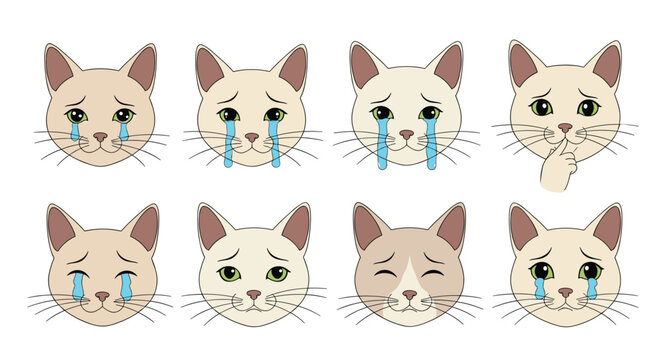 Heartbreaking set of sad cat face emojis with large crying eyes and flowing tears, perfectly capturing various levels of sorrow and distress.