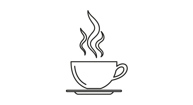 Minimalist line art icon of a steaming hot cup of coffee or tea on a saucer, representing a cozy break time or morning beverage ritual.