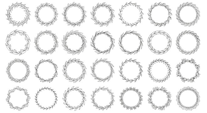 Massive collection of simple line-art botanical wreaths and decorative circular frames featuring delicate leaves and branches for minimal design.