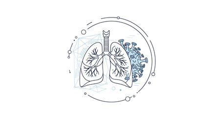 Naklejka premium Detailed line art illustration of human lungs next to a large coronavirus cell surrounded by abstract geometric shapes and circular patterns.