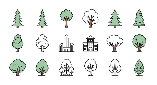Grid of minimalist icons representing different types of trees and buildings in soft green and white tones for map design and urban graphics.