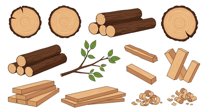 Assortment of wood related elements including logs cut tree trunks lumber planks a leafy branch and piles of thin curly wood shavings.