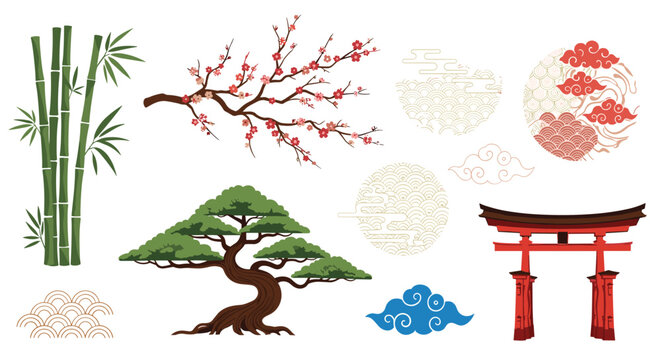 Traditional Japanese cultural elements including bamboo stalks cherry blossoms bonsai tree torii gate and various classic geometric patterns.
