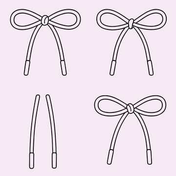 Set of flat sketch vector icons for drawstring cords and bow knot drawcords with aglets for clothing isolated white background