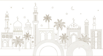 Islamic mosque skyline line art illustration with domes minarets palm trees crescent moon and elegant Middle Eastern architecture © MstLinaAkter