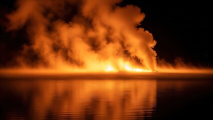 Obraz premium Fiery smoke billowing over water at night with orange glow