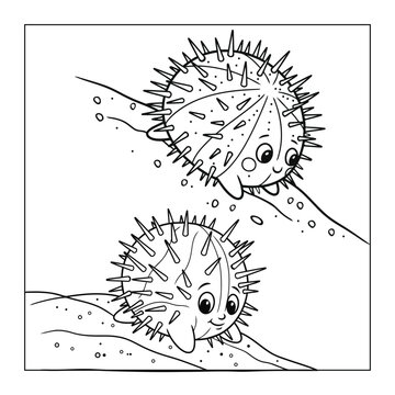 Cute cartoon sea urchins with spikes and big eyes floating in the ocean. Black and white line art.