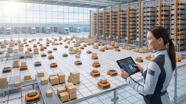 Automated Logistics: A wide shot of a pristine, automated warehouse with orange robots moving boxes, a human supervisor holding a tablet in the foreground, high-tech supply chain.