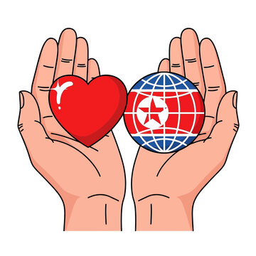 Two open hands carefully holding a bright red heart and a globe featuring the North Korean flag design symbolizing compassion and global unity on white background