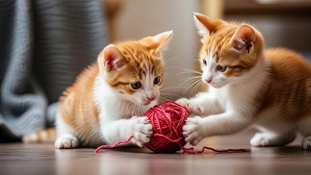 Two kittens playing with yarn