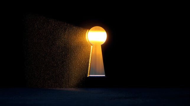 Conceptual image of a keyhole with bright golden light streaming through it in a dark room, symbolizing opportunity, secret discovery, hope, and vision.