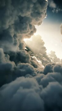 Green Screen fly into the cloud effect of flying multi layered clouds scene 1 with distortion, overlay, glitch, static noise, scan lines on black background, 4k animated video loop