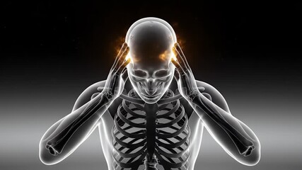 Skeletal Figure Holding Temples with Glowing Orange Headache Effect on a Black Background Medical Animation