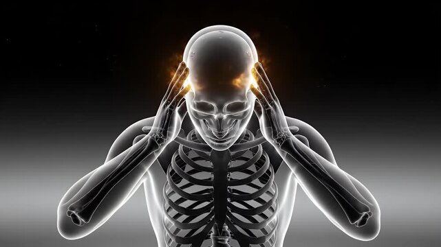 Skeletal Figure Holding Temples with Glowing Orange Headache Effect on a Black Background Medical Animation