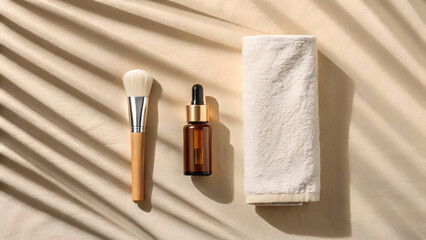 Naklejka premium Artistic overhead flat lay of cosmetic brush seru and towel on beige background dropper bottle white towel