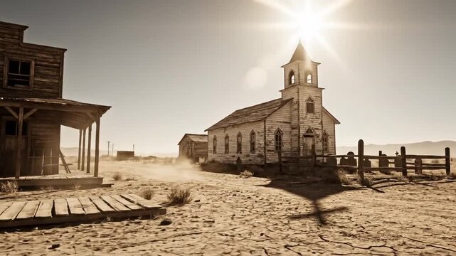 Dusty frontier town with weathered saloon, church, fences, and a blazing sun over vast desert sands