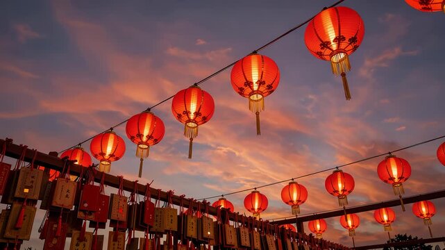 Glowing red lanterns and prayer plaques at sunset