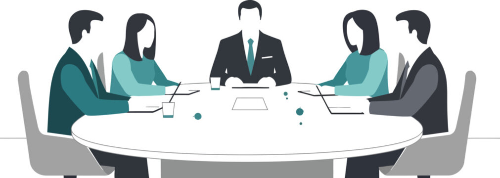 Business meeting with five people around a table isolated on transparent background