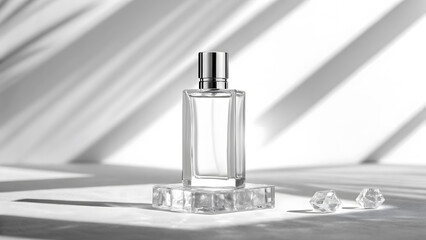 Naklejka premium Clear perfume bottle standing on a glass base with light reflections clear glass silver cap minimalist