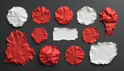 collection of wrinkled plastic stickers, white paper, labels or adhesive, red mockup round crumpled stickers, and blank label or price tag templates. path of clipping.
