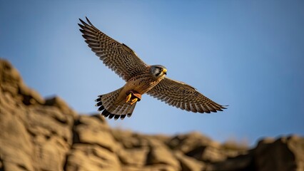 Obraz premium Bird of prey soaring over rocky terrain