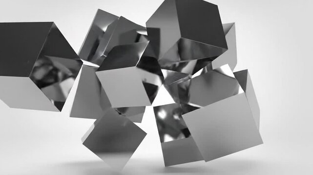 Abstract metal cubes interlock in midair; angular planes reflect light forming monochrome sculpture