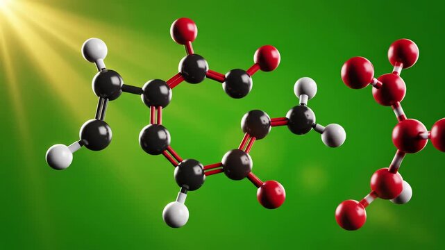 Green Screen photosynthesis chemical reaction in carbon dioxide and water make oxygen glucose molecule scene 1 with distortion, overlay, glitch, static noise, scan lines on black background, 4k