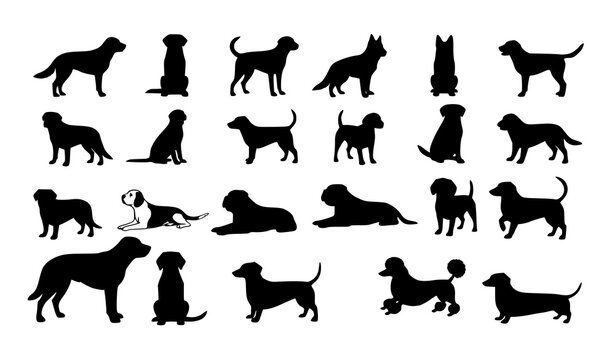 Large dog silhouette vector set in diverse poses including standing, sitting, lying, and running