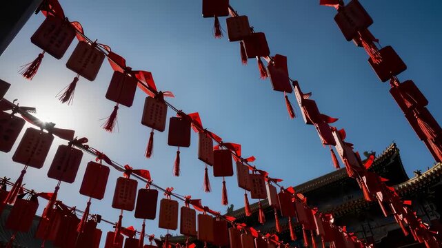 Traditional red prayer plaques swaying in sunlight against blue sky
