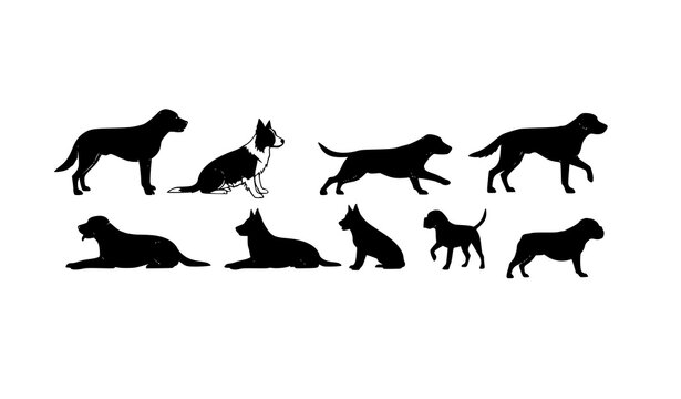 Minimal black dog silhouette vector set in diverse poses including standing, sitting, lying, and running