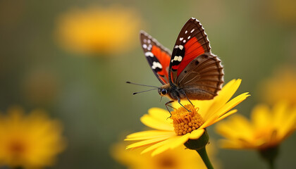 Obraz premium Close-up of a vibrant butterfly with orange and black wings resting on a yellow flower