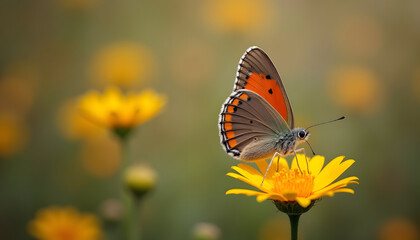Fototapeta premium Close-up of a small orange butterfly resting on a vibrant yellow flower in a meadow