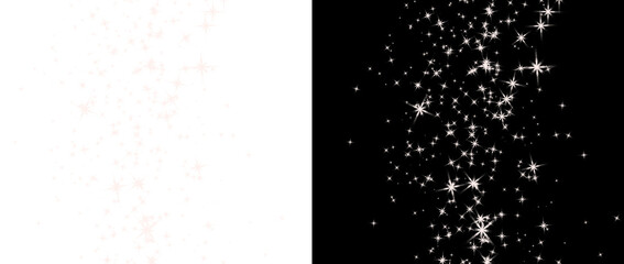 Abstract star dust glittering on transparent and black background, white shiny particles, cosmic light, magic fairy glow
