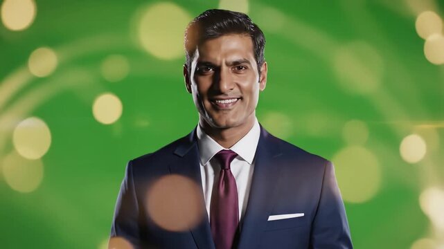 Green Screen portrait of attractive successful businessman on background scene 1 with distortion, overlay, glitch, static noise, scan lines black background, 4k animated video loop