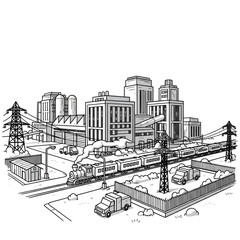 Industrial Factory Complex and Power Plant with Train: Isometric Line Art Illustration for Coloring Book and Infrastructure Concept