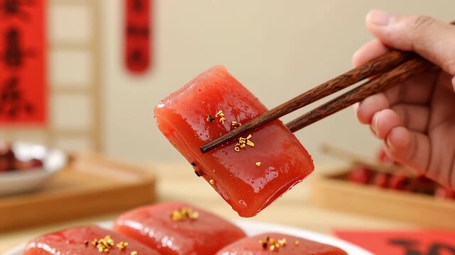 Close up of chopsticks picking up red rice cake