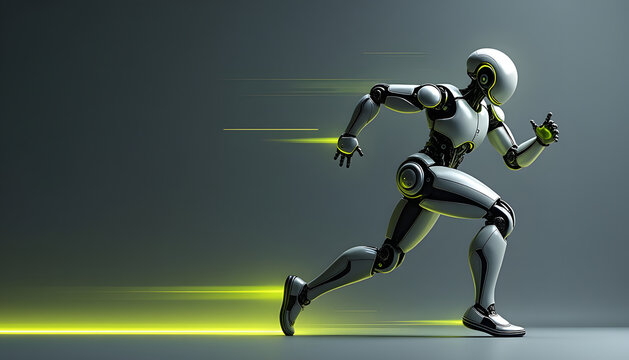 Futuristic humanoid robot running at high speed with motion blur and neon green accents