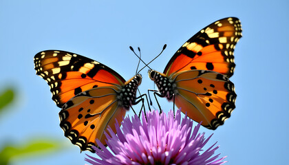 Obraz premium Two monarch butterflies with orange wings and black spots on a purple flower against a blue sky