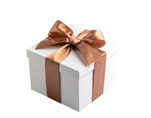 Obraz premium A white gift box with a satin bronze ribbon and bow