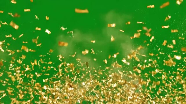 Green Screen golden bidirectional confetti explosion on chroma key scene 1 with distortion, overlay, glitch, static noise, scan lines black background, 4k animated video loop