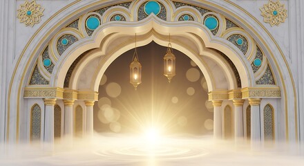 Obraz premium Elegant Ornate Islamic Archway with Lanterns Religious Greeting Decorative Background