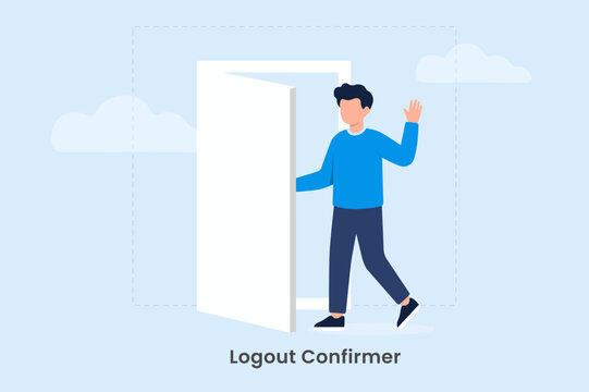 Man waving goodbye and leaving through door for logout or sign out confirmation concept vector illustration